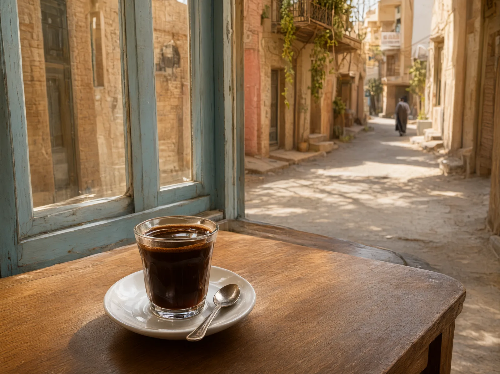 A quiet street in Mahala 904, Baghdad, with a traditional cafe interior visible through an open door.