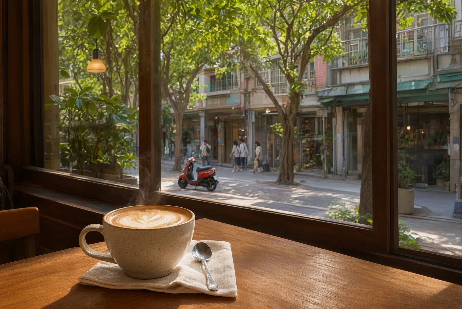 A quiet street in Zhongzheng District, Taipei, with a cafe storefront and outdoor seating.